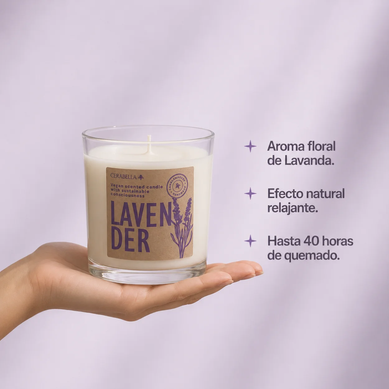Características de la vela aromática Botanics Lavanda de Cerabella · cera vegetal biodegradable y mecha de algodón