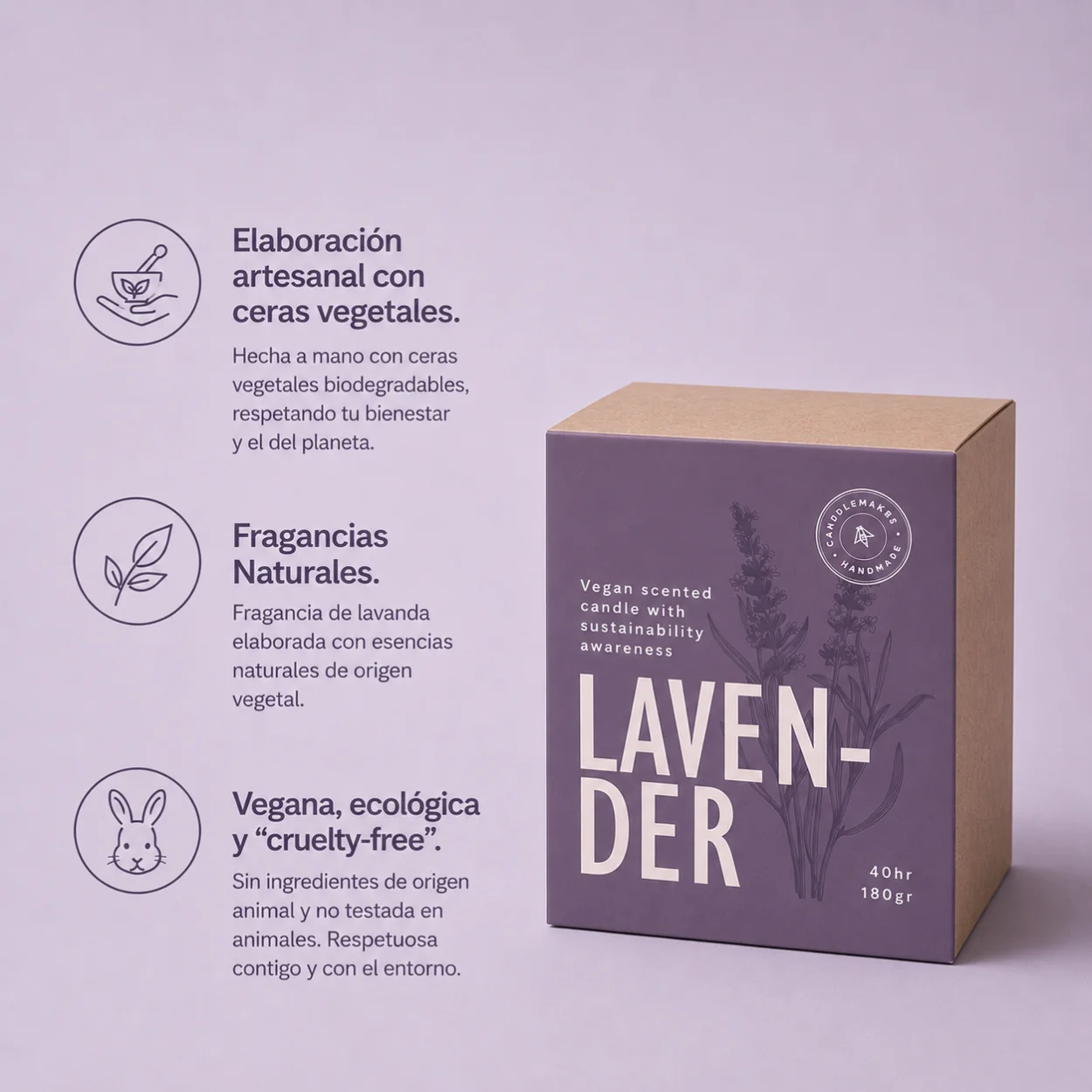 Detalles de la vela perfumada Botanics de Lavanda · vegana, natural y 40h de duración