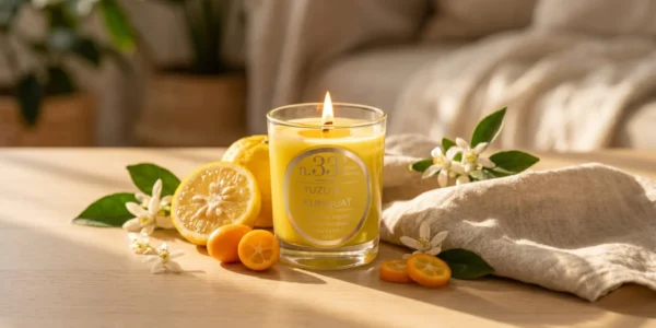 Vela de cera vegetal n.33 Yuzu & Kumquat en essencis encendida con llama limpia y cera derritiéndose de forma uniforme