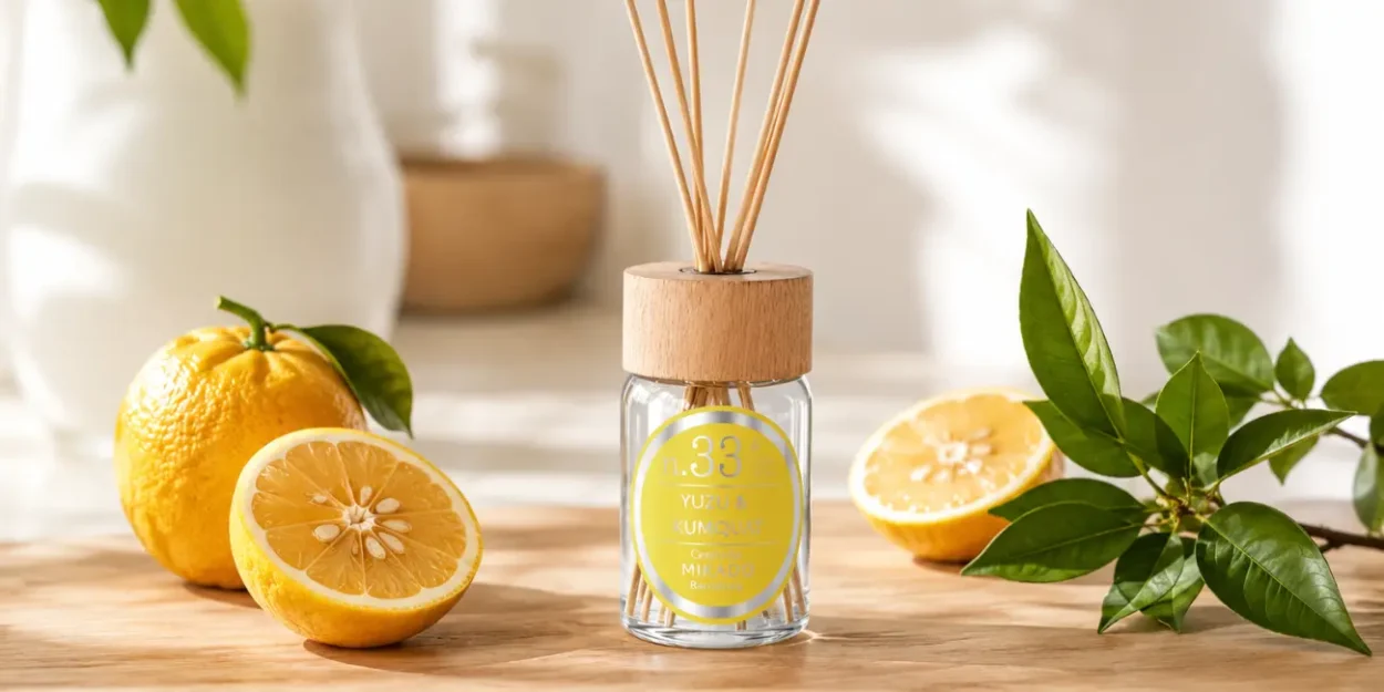 Ambientador mikado n.33 Yuzu & Kumquat en Essencis con varillas de ratán junto a frutas cítricas frescas