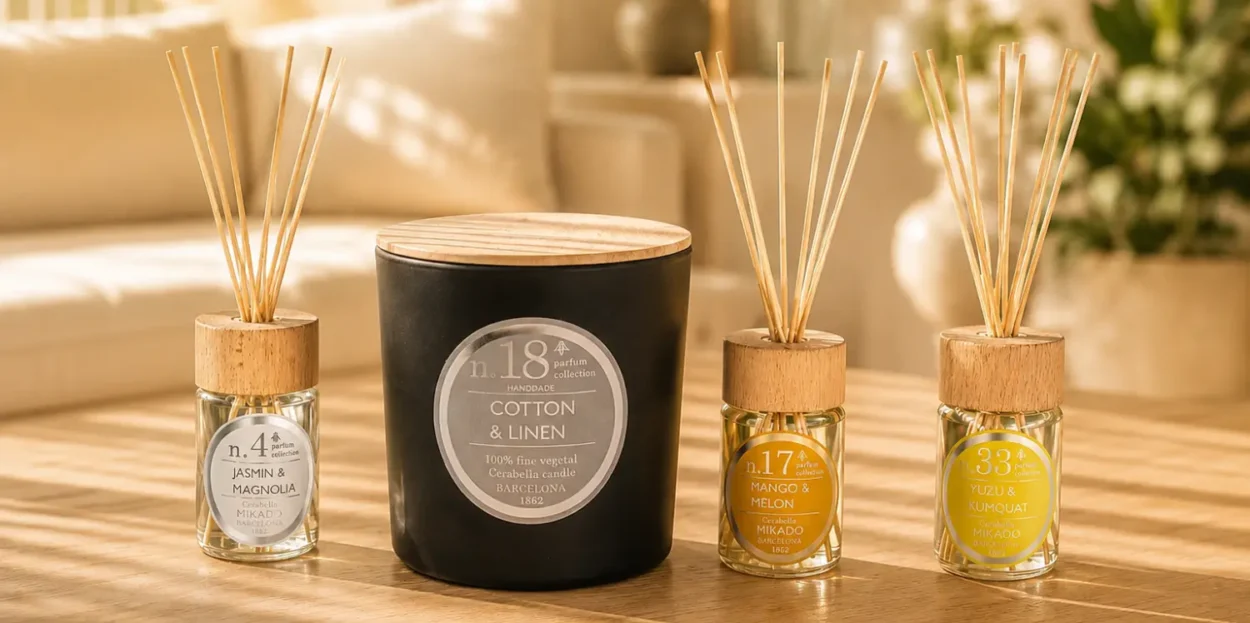 Ambientadores Mikado y velas aromáticas veganas con fragancias de verano frescas y ligeras para ambientar el hogar