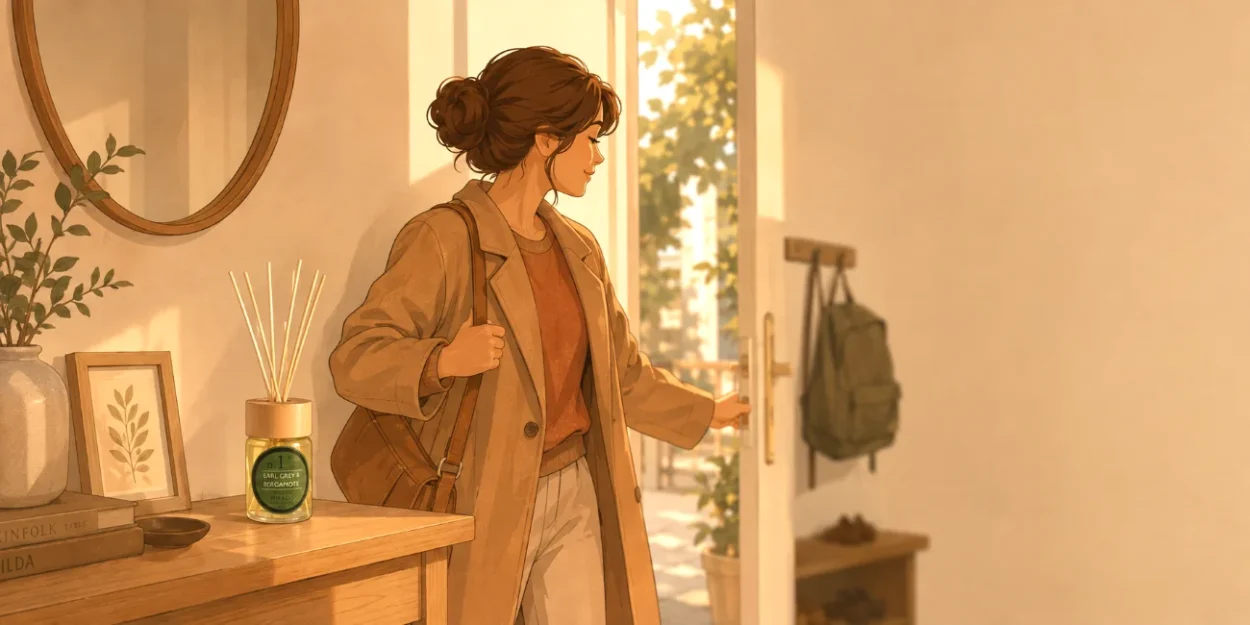 Ilustración de Marta en la entrada de casa junto a un mikado vegano Earl Grey & Bergamota, cambiando el aroma de su casa al llegar el otoño