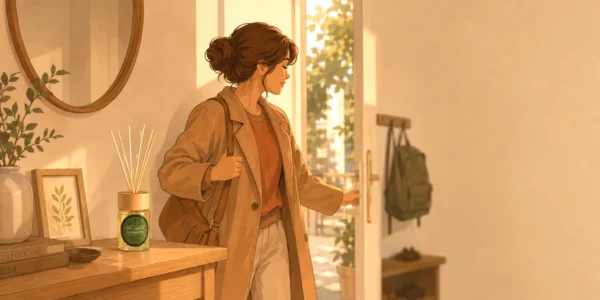 Ilustración de Marta en la entrada de casa junto a un mikado vegano Earl Grey & Bergamota, cambiando el aroma de su casa al llegar el otoño