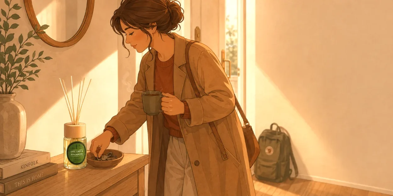 Ilustración de Marta preparando el café por la mañana junto al mikado vegano de bergamota, sensación de energía para empezar el día