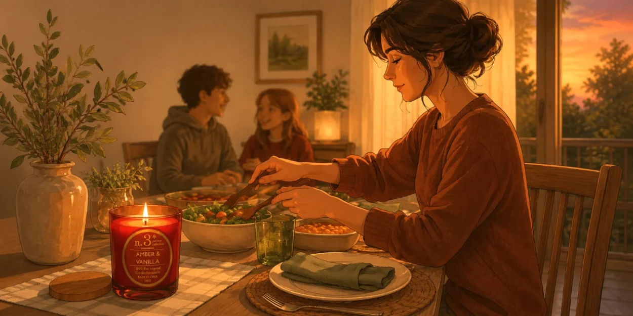Ilustración de Marta en la mesa del comedor con una vela vegana Ámbar & Vainilla encendida, sensación de confort en una cena de otoño