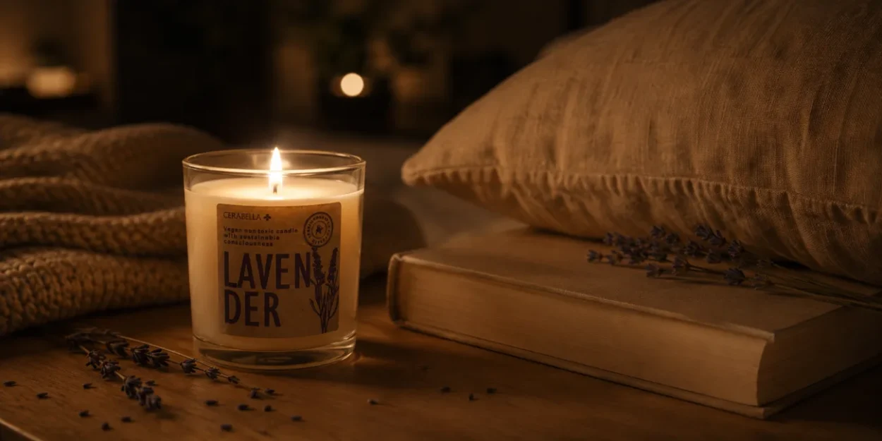 Vela aromatica de cera vegetal de lavanda para reducir el cortisol antes de dormir