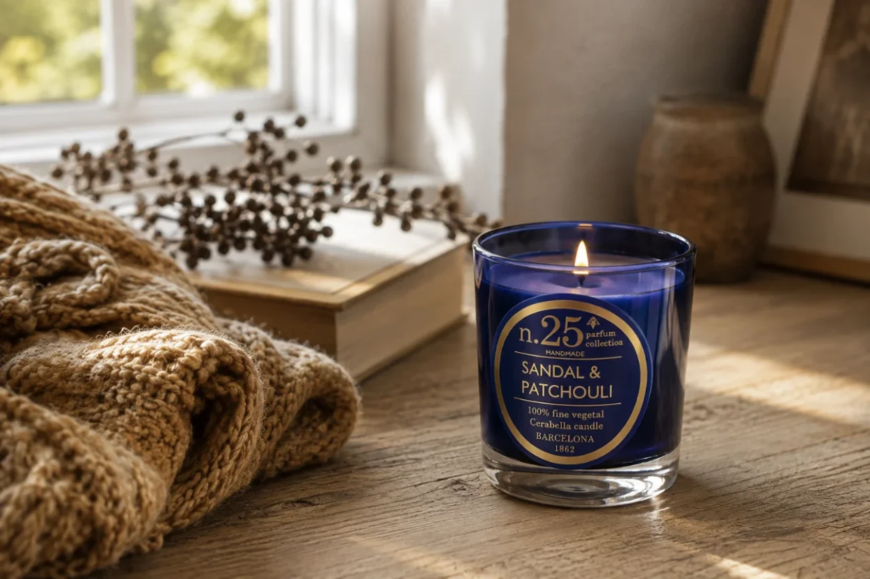 Vela perfumada de Sándalo & Pachulí vegana para aromaterapia y sensación de confort