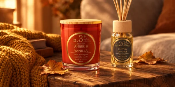 Vela aromatica Ámbar & Vainilla y ambientador mikado clavo & naranja en essencis, aromas de otoño de sensación de confort