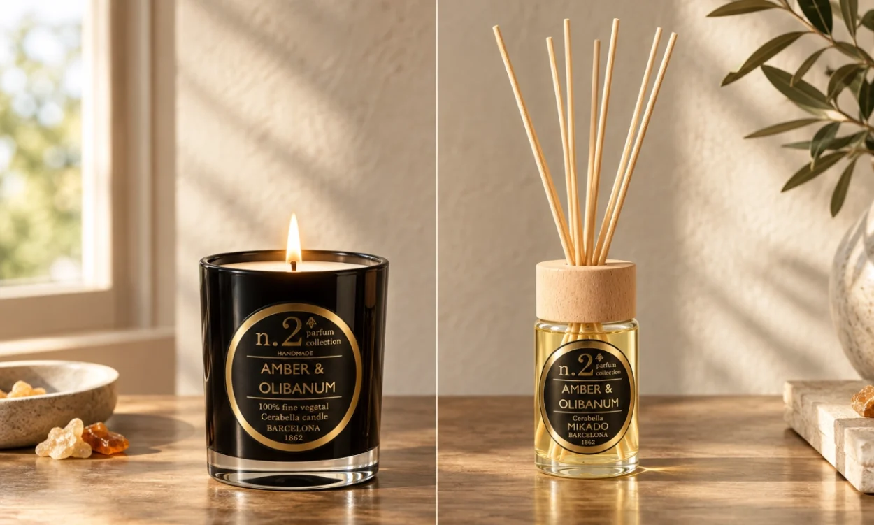 Comparativa de vela perfumada y mikado aromático en essencis para elegir el formato de aroma en otoño