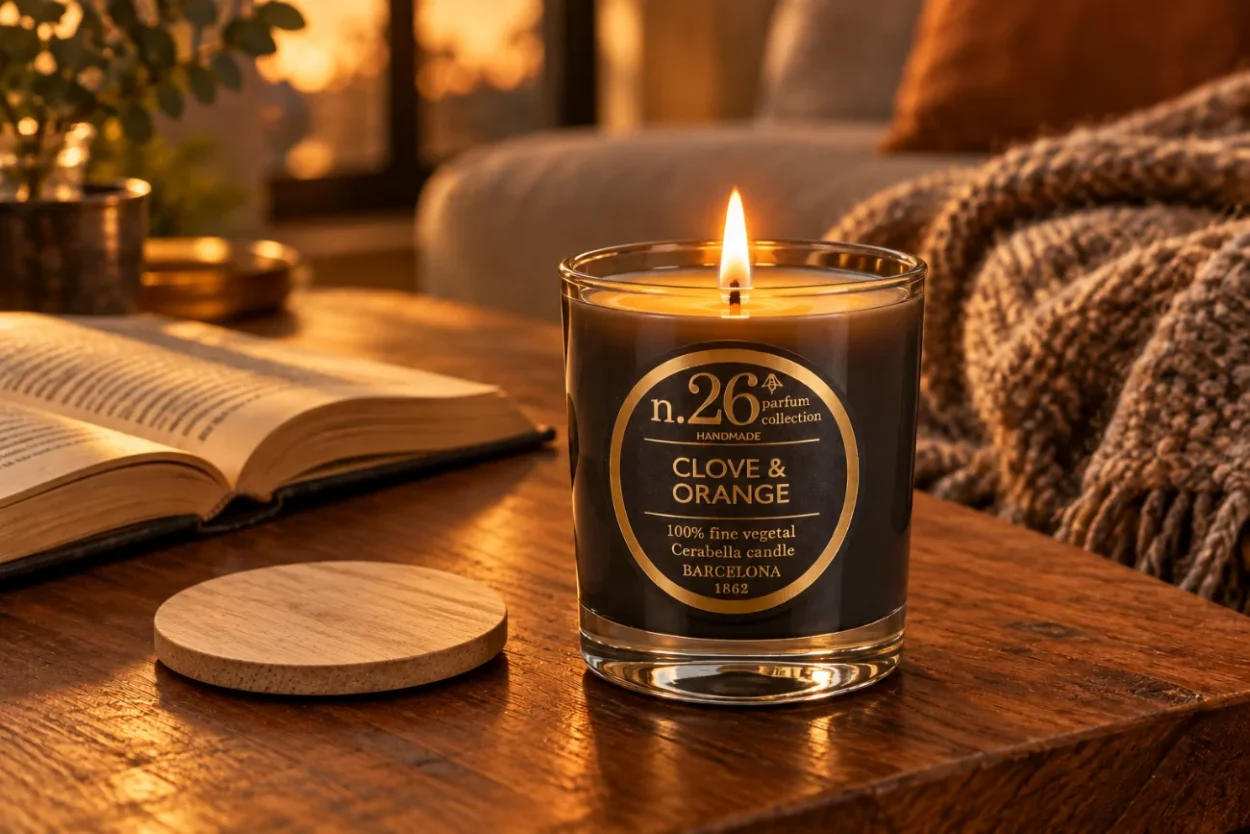 Vela n.26 Ámbar & Vainilla de Cerabella encendida en salón, aroma cálido de otoño